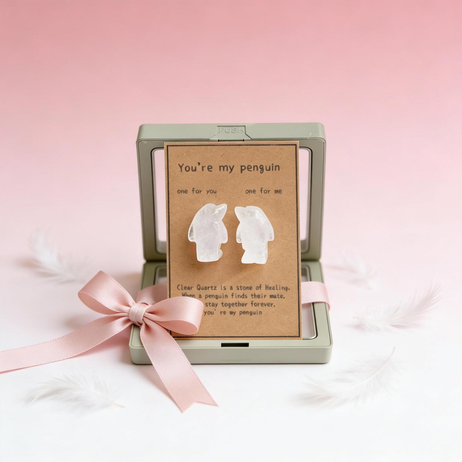 2 Cute Rose Quartz Penguins Penguin Gifts for Wife Husband Natural Genuine Crystal.Forever Love You're My Penguin Friendship Gift for herhim