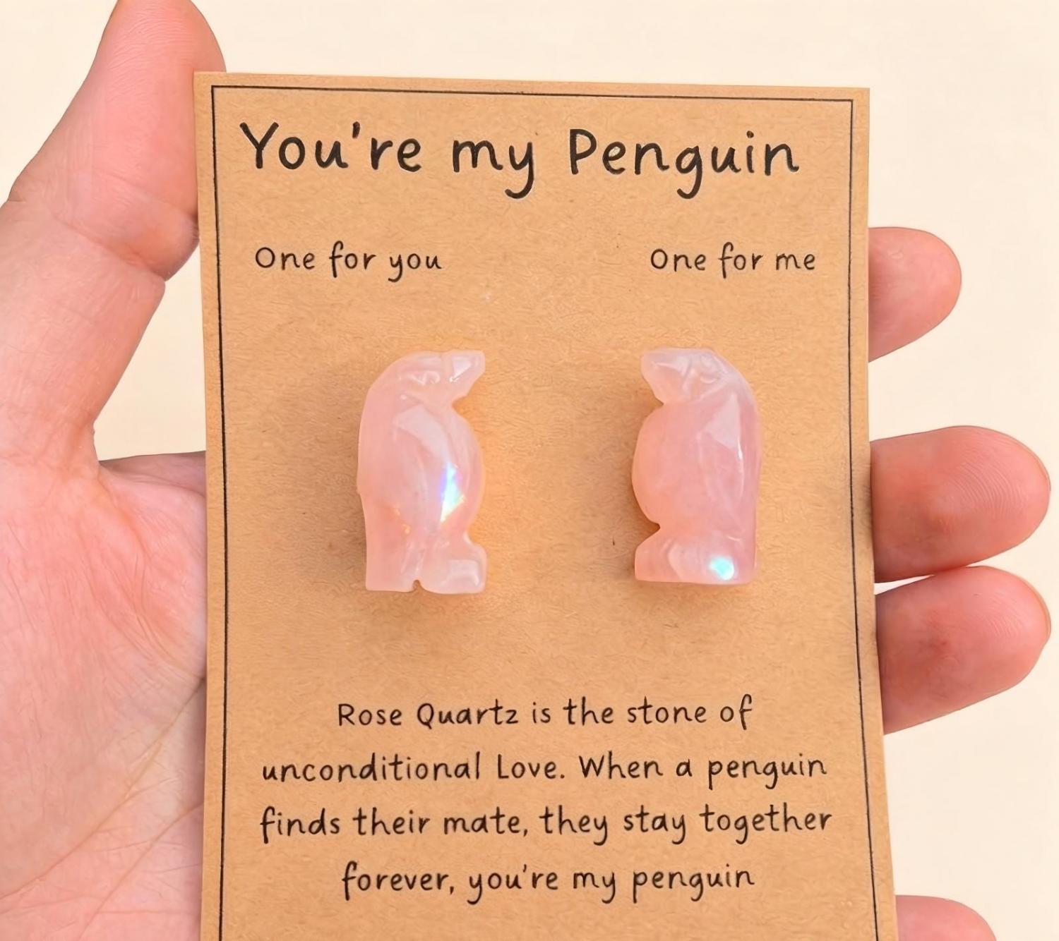 2 Cute Rose Quartz Penguins Penguin Gifts for Wife Husband Natural Genuine Crystal.Forever Love You're My Penguin Friendship Gift for herhim
