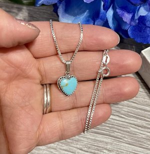 Turquoise Heart Pendant Necklace/Blue Turquoise Necklace/Turquoise Heart/Box Chain/Sterling Silver/Handmade In USA/Heart Jewelry