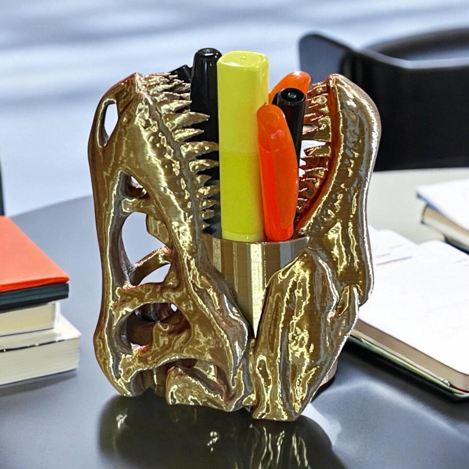 3D Printed T-Rex Skull Desk Organizer: Dinosaur Lover Gift