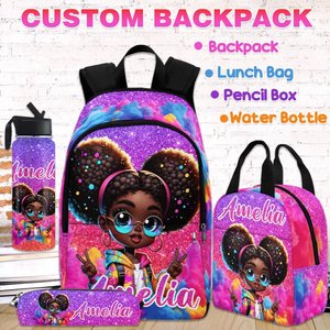 Personalized Afro Black Girl Backpack Set: Custom Name School Bag & Lunch Bag