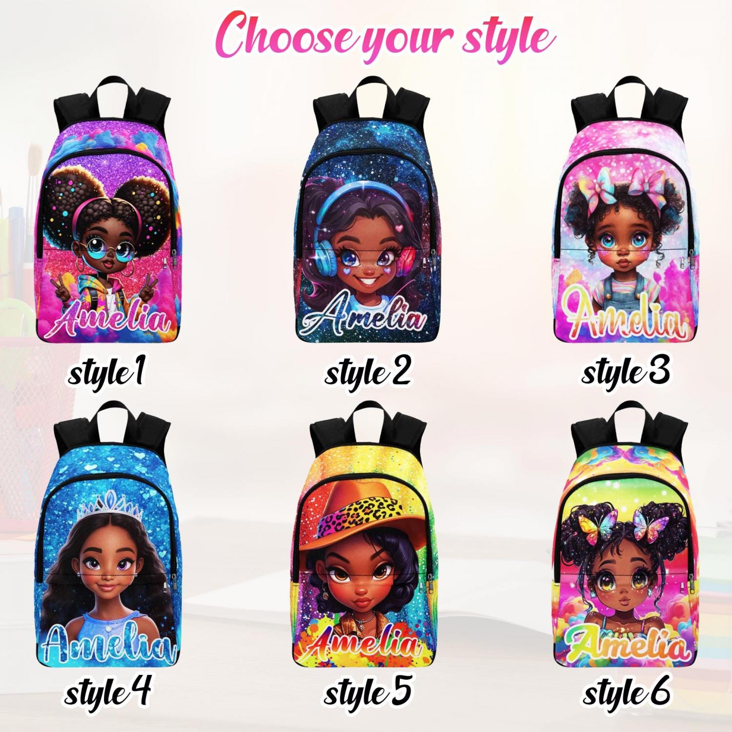 Personalized Afro Black Girl Backpack Set: Custom Name School Bag & Lunch Bag