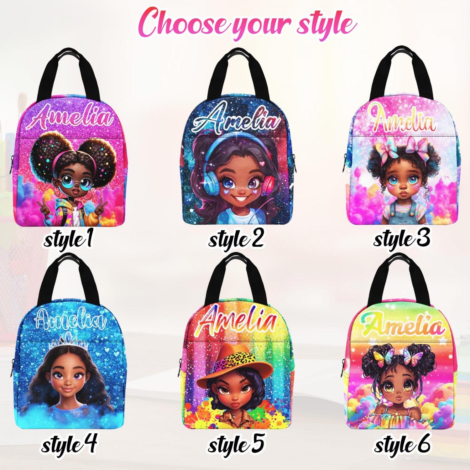 Personalized Afro Black Girl Backpack Set: Custom Name School Bag & Lunch Bag
