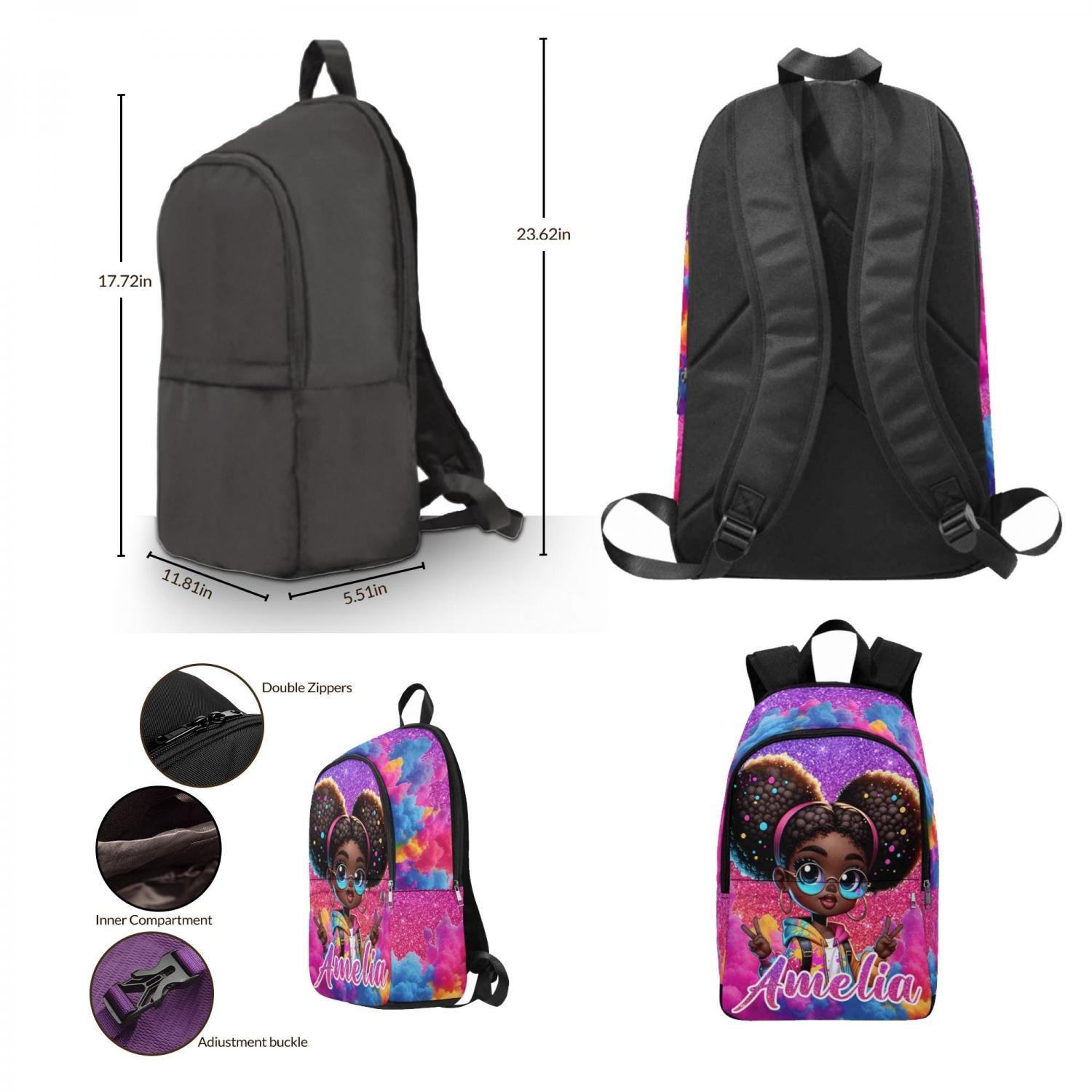 Personalized Afro Black Girl Backpack Set: Custom Name School Bag & Lunch Bag
