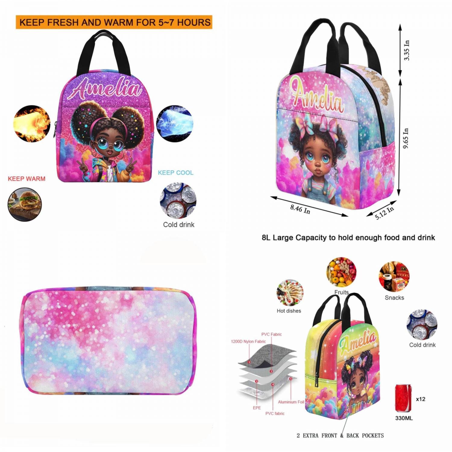 Personalized Afro Black Girl Backpack Set: Custom Name School Bag & Lunch Bag