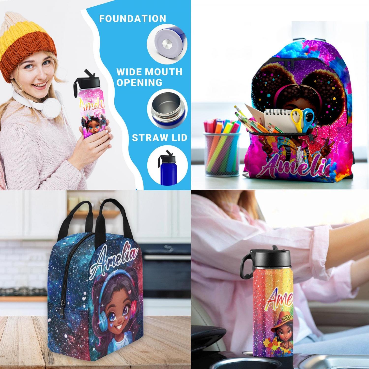 Personalized Afro Black Girl Backpack Set: Custom Name School Bag & Lunch Bag