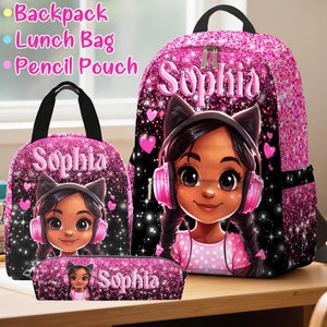 Personalized Afro Black Girl Backpack Set: School Bag, Lunch Bag & Water Bottle