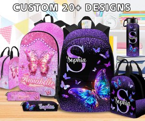 Personalized Butterfly Glitter Kids Backpack Set, School Bookbag with Lunch Bag