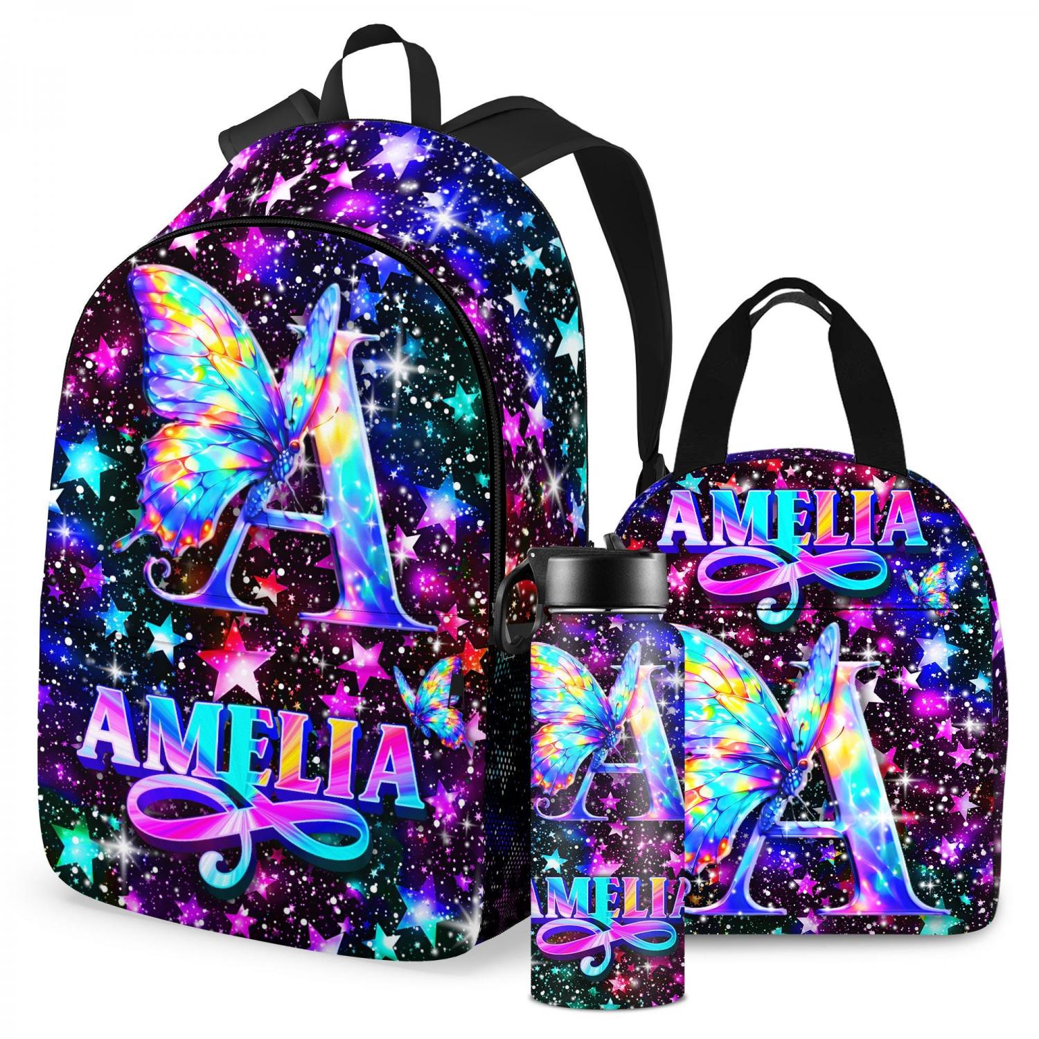 Personalized Butterfly Glitter Kids Backpack Set, School Bookbag with Lunch Bag