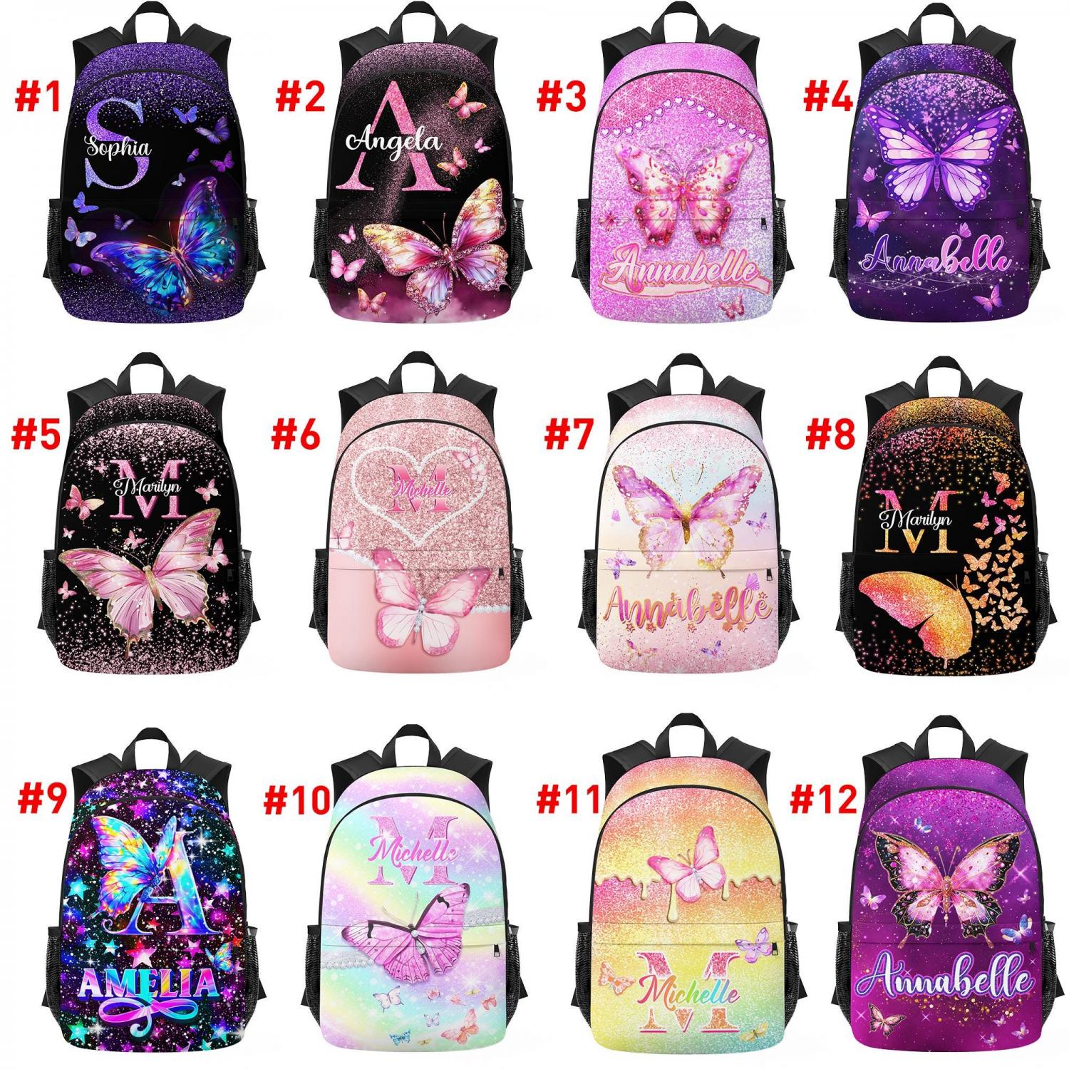 Personalized Butterfly Glitter Kids Backpack Set, School Bookbag with Lunch Bag