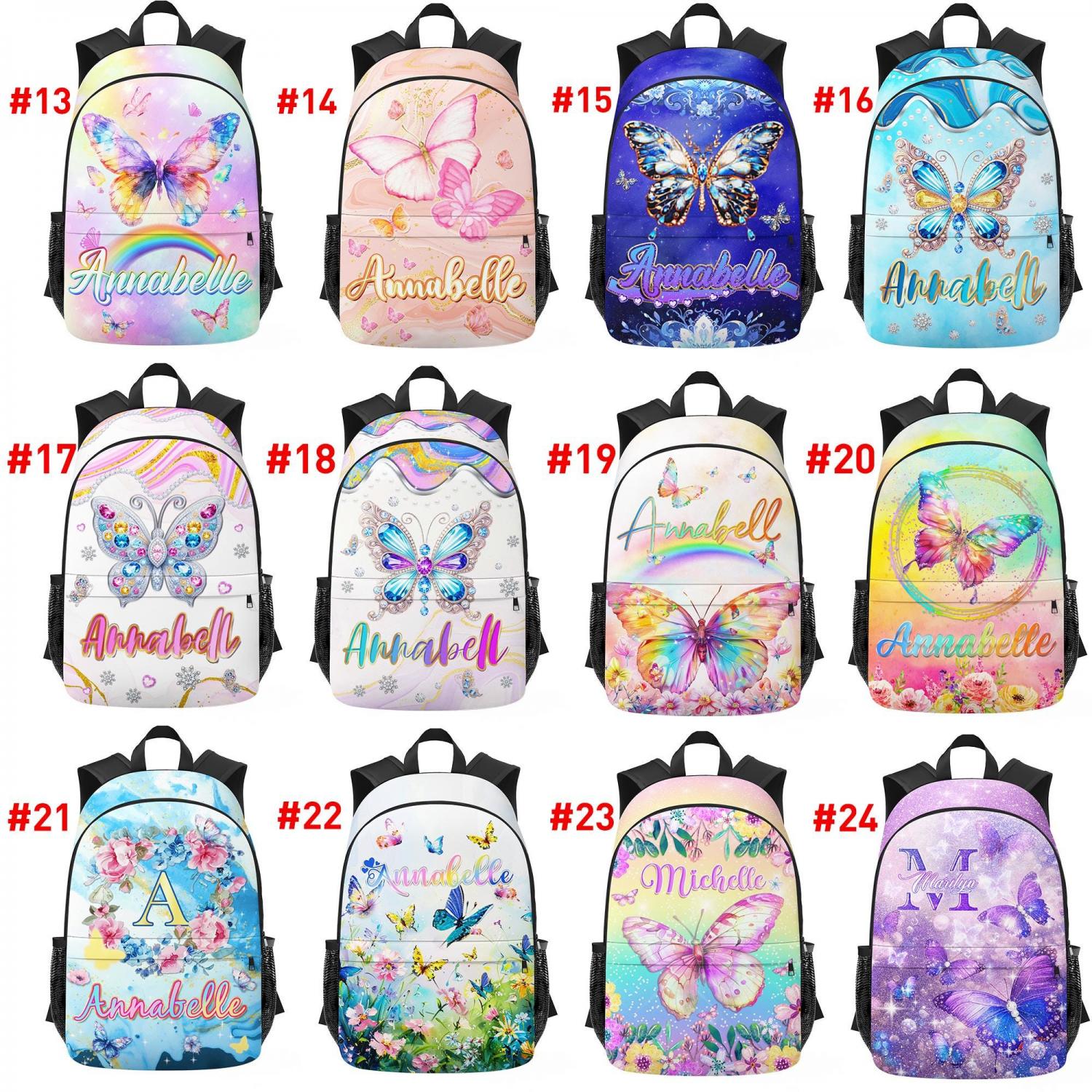 Personalized Butterfly Glitter Kids Backpack Set, School Bookbag with Lunch Bag