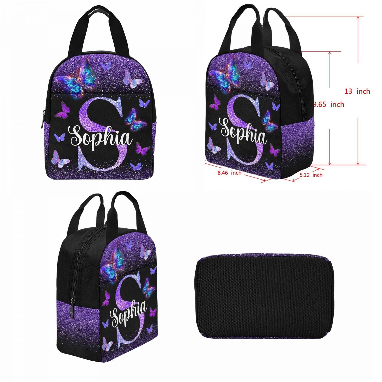 Personalized Butterfly Glitter Kids Backpack Set, School Bookbag with Lunch Bag
