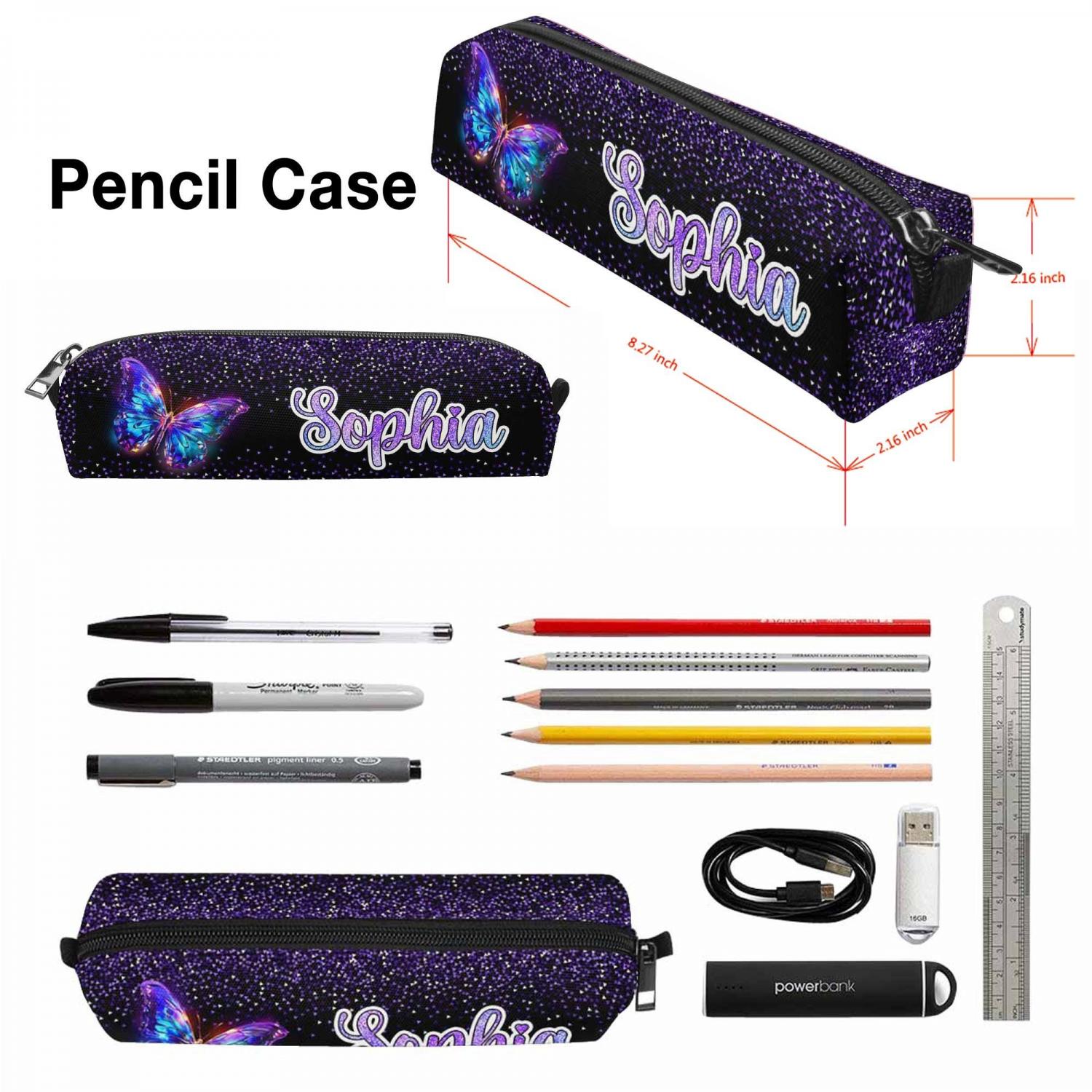 Personalized Butterfly Glitter Kids Backpack Set, School Bookbag with Lunch Bag