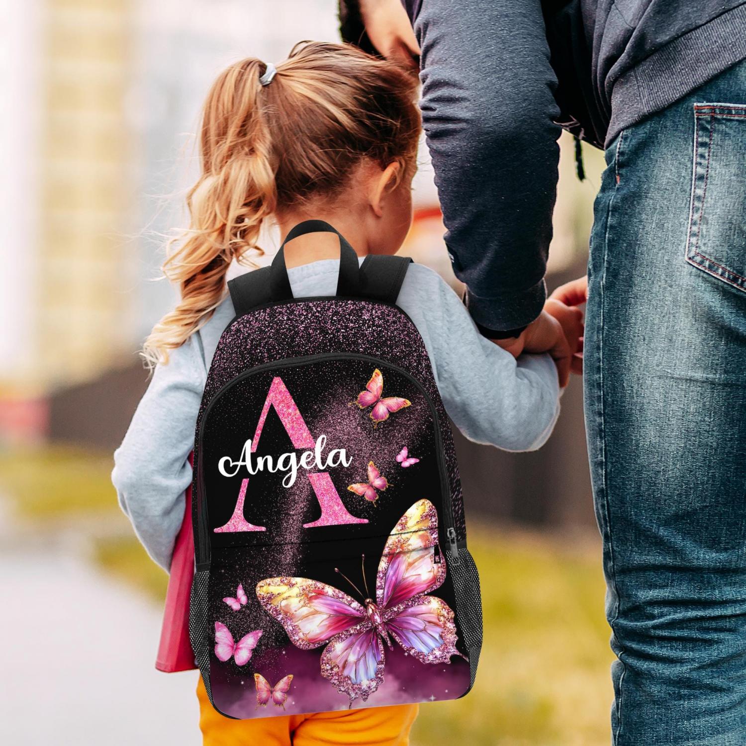 Personalized Butterfly Glitter Kids Backpack Set, School Bookbag with Lunch Bag