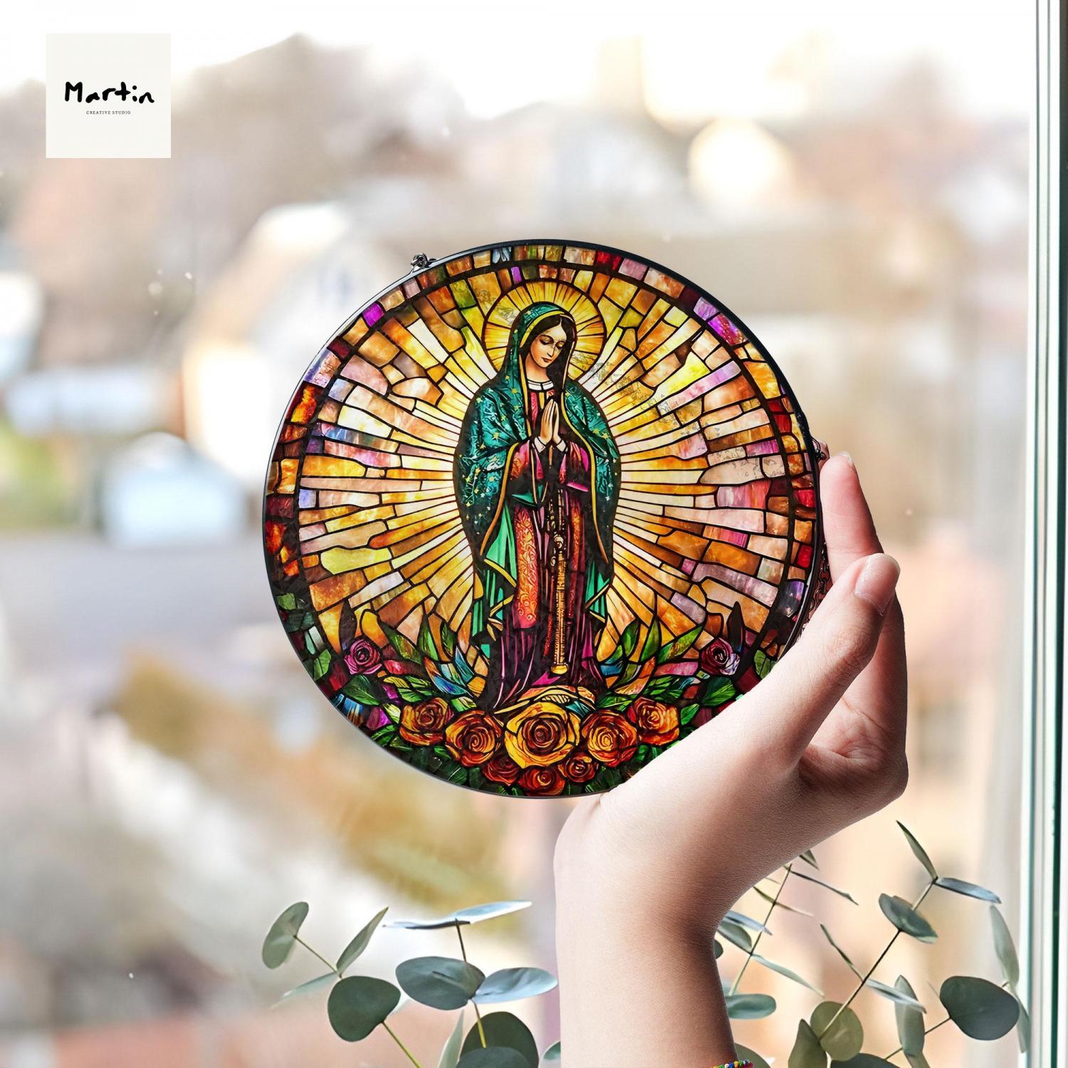 Our Lady of Guadalupe Suncatcher: Virgin Mary Faux Stained Glass Art