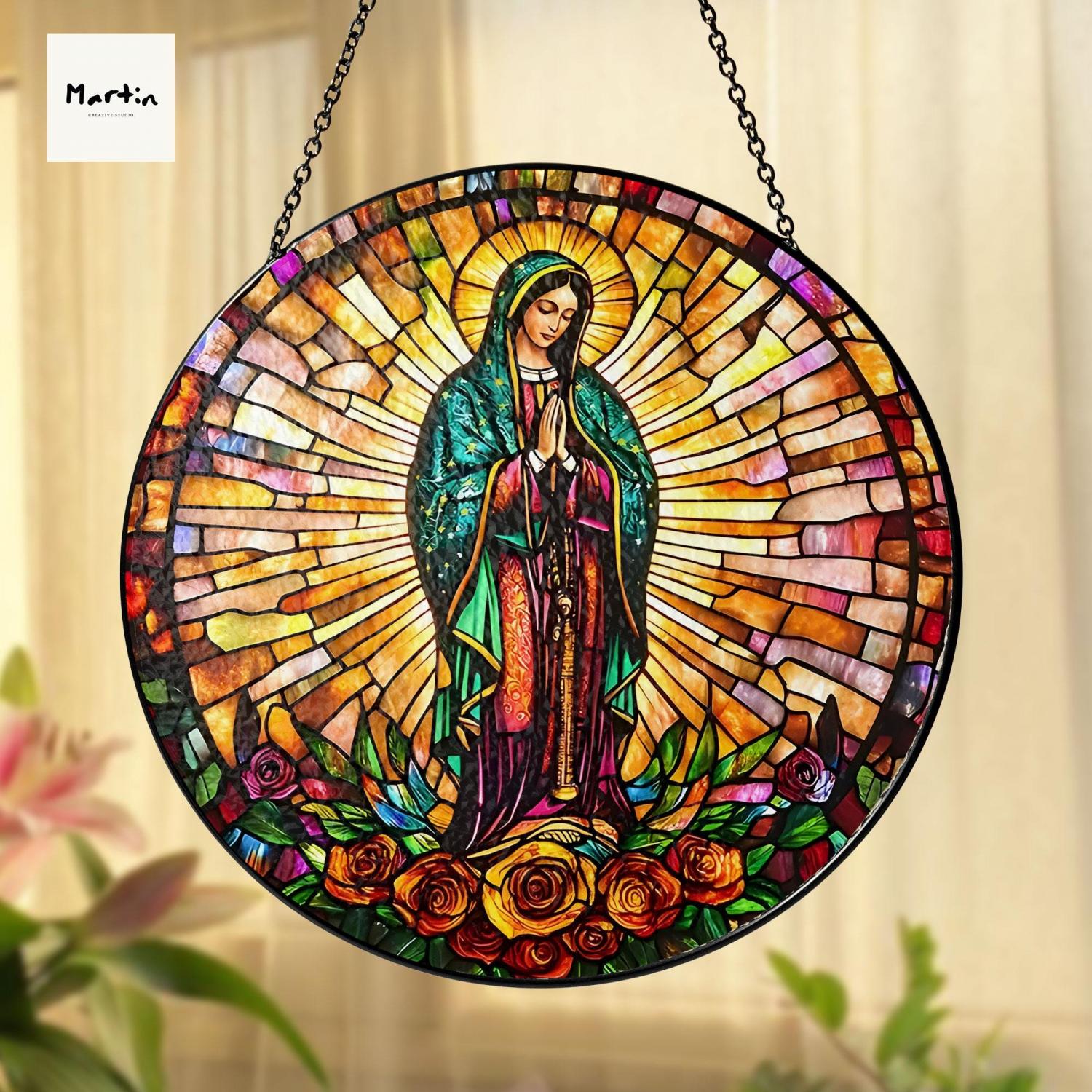 Our Lady of Guadalupe Suncatcher: Virgin Mary Faux Stained Glass Art