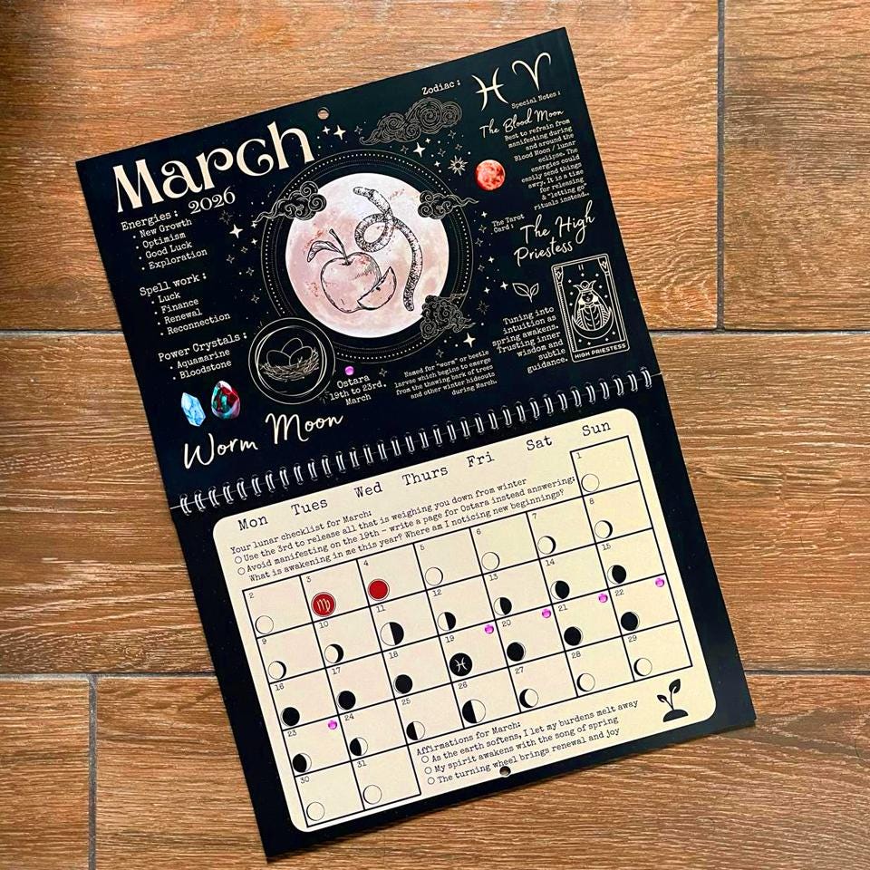 2026 Witchy Moon Calendar A4 Manifest with the Moon Goth Lunar Phases Black Gold Planner Diary Manifesting Power Magic Witch Pagan Wicca Art