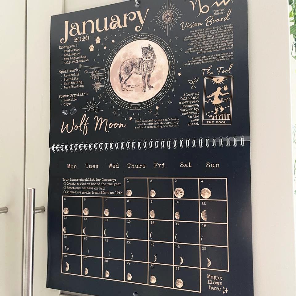 2026 Witchy Moon Calendar A4 Manifest with the Moon Goth Lunar Phases Black Gold Planner Diary Manifesting Power Magic Witch Pagan Wicca Art