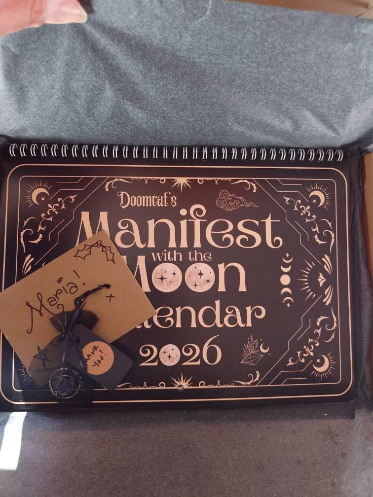 2026 Witchy Moon Calendar A4 Manifest with the Moon Goth Lunar Phases Black Gold Planner Diary Manifesting Power Magic Witch Pagan Wicca Art