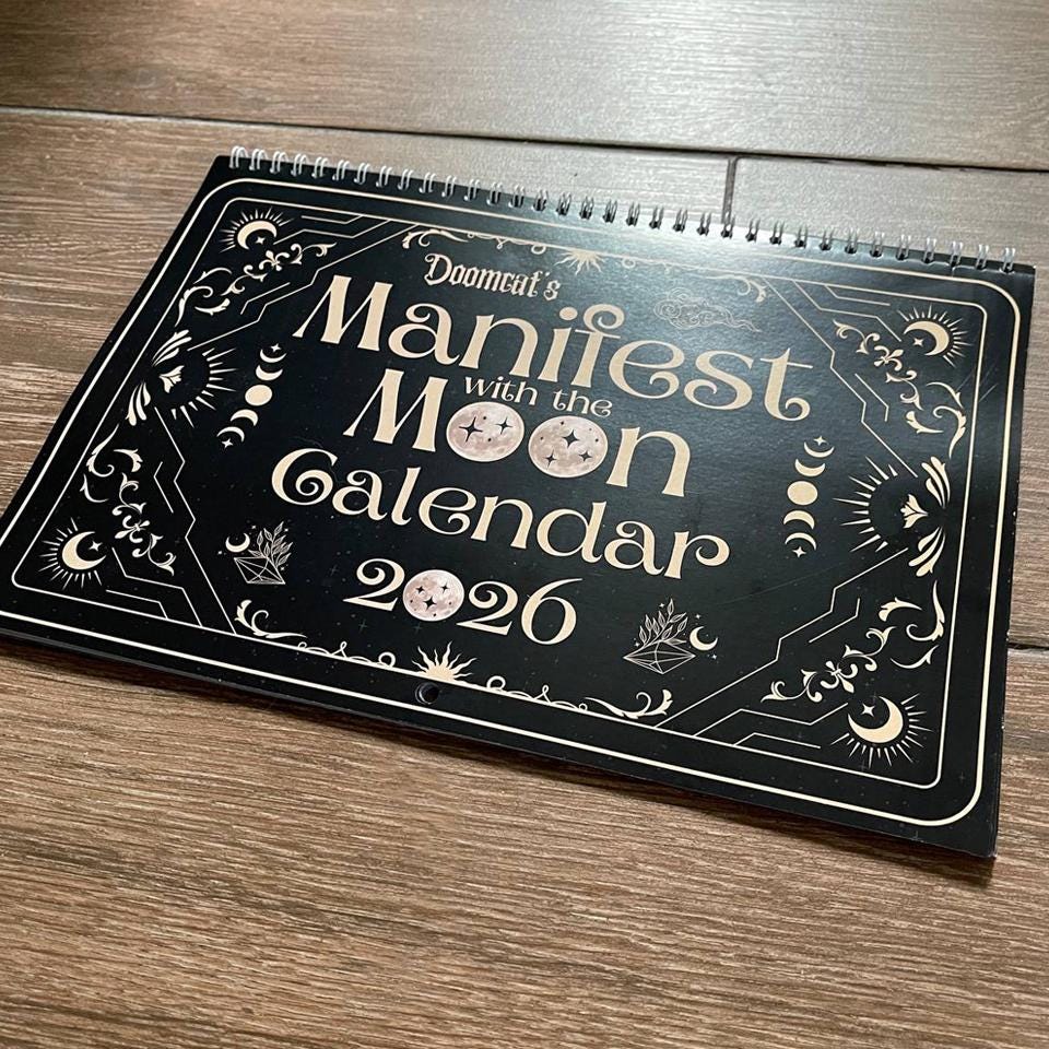 2026 Witchy Moon Calendar A4 Manifest with the Moon Goth Lunar Phases Black Gold Planner Diary Manifesting Power Magic Witch Pagan Wicca Art