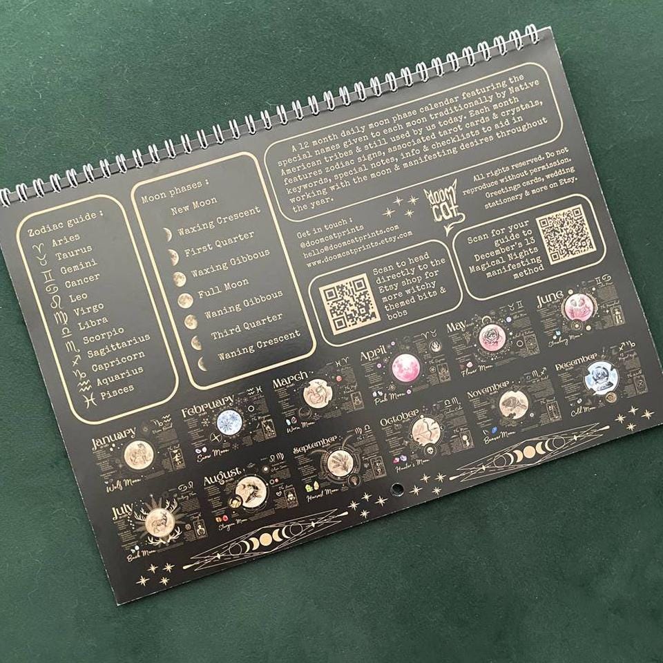 2026 Witchy Moon Calendar A4 Manifest with the Moon Goth Lunar Phases Black Gold Planner Diary Manifesting Power Magic Witch Pagan Wicca Art