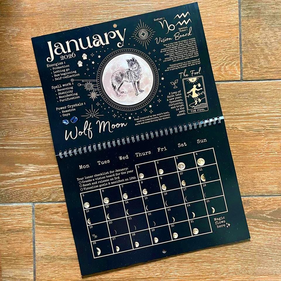 2026 Witchy Moon Calendar A4 Manifest with the Moon Goth Lunar Phases Black Gold Planner Diary Manifesting Power Magic Witch Pagan Wicca Art