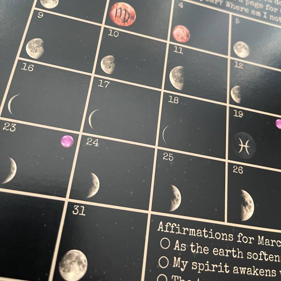 2026 Witchy Moon Calendar A4 Manifest with the Moon Goth Lunar Phases Black Gold Planner Diary Manifesting Power Magic Witch Pagan Wicca Art
