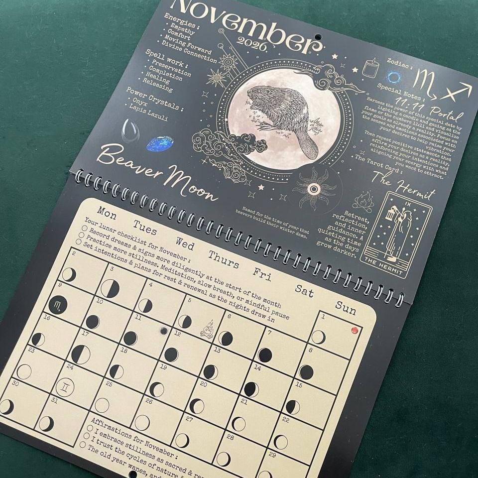 2026 Witchy Moon Calendar A4 Manifest with the Moon Goth Lunar Phases Black Gold Planner Diary Manifesting Power Magic Witch Pagan Wicca Art