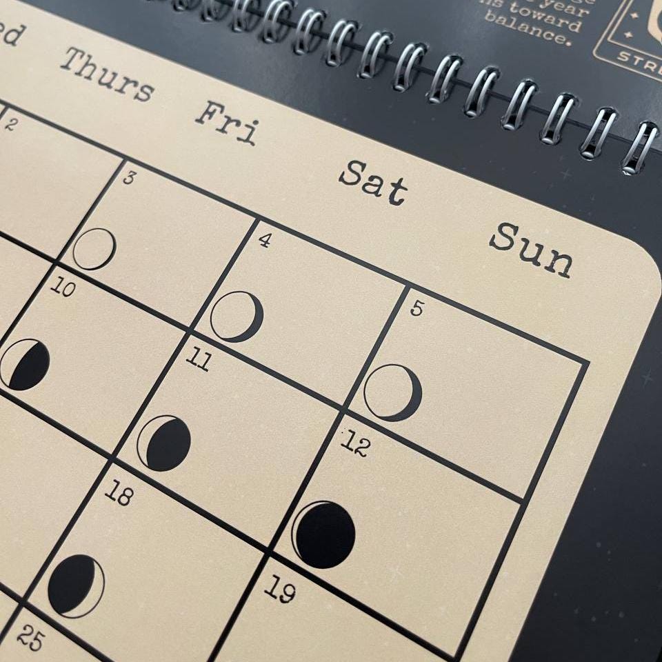 2026 Witchy Moon Calendar A4 Manifest with the Moon Goth Lunar Phases Black Gold Planner Diary Manifesting Power Magic Witch Pagan Wicca Art