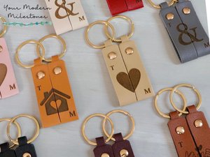 Personalized Couples Leather Keyring Set | Matching Pair of Keychains for Anniversary Gift | His and Hers Custom Date GPS Coordinate Gift