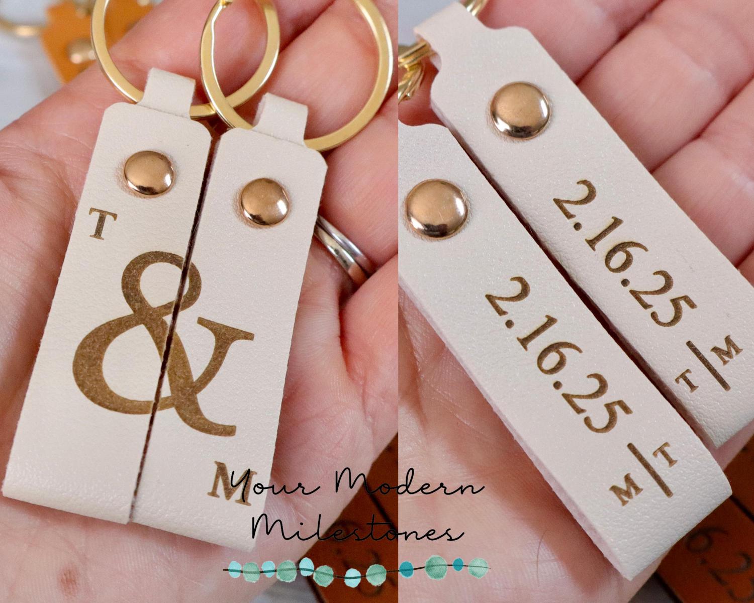 Personalized Couples Leather Keyring Set | Matching Pair of Keychains for Anniversary Gift | His and Hers Custom Date GPS Coordinate Gift