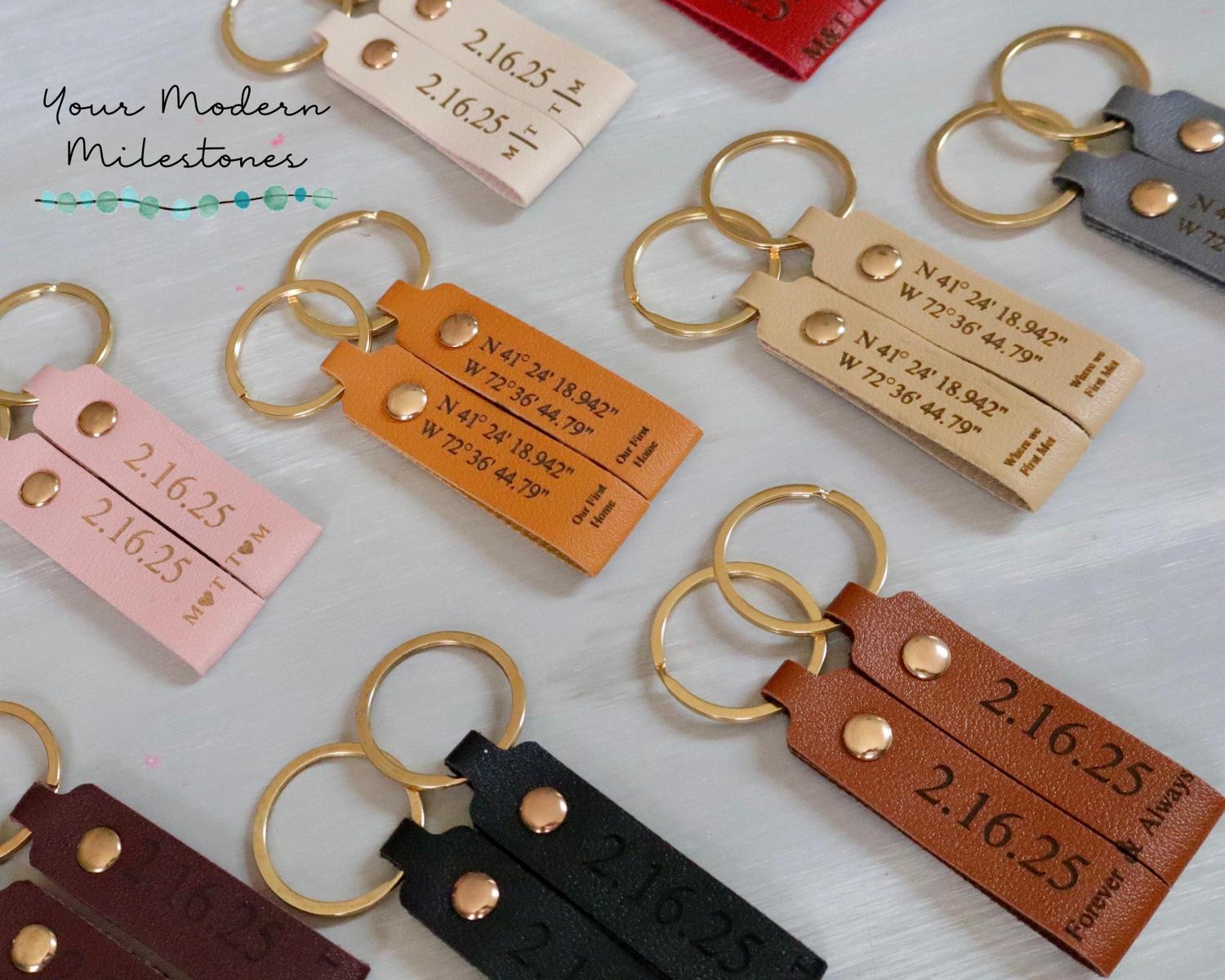 Personalized Couples Leather Keyring Set | Matching Pair of Keychains for Anniversary Gift | His and Hers Custom Date GPS Coordinate Gift