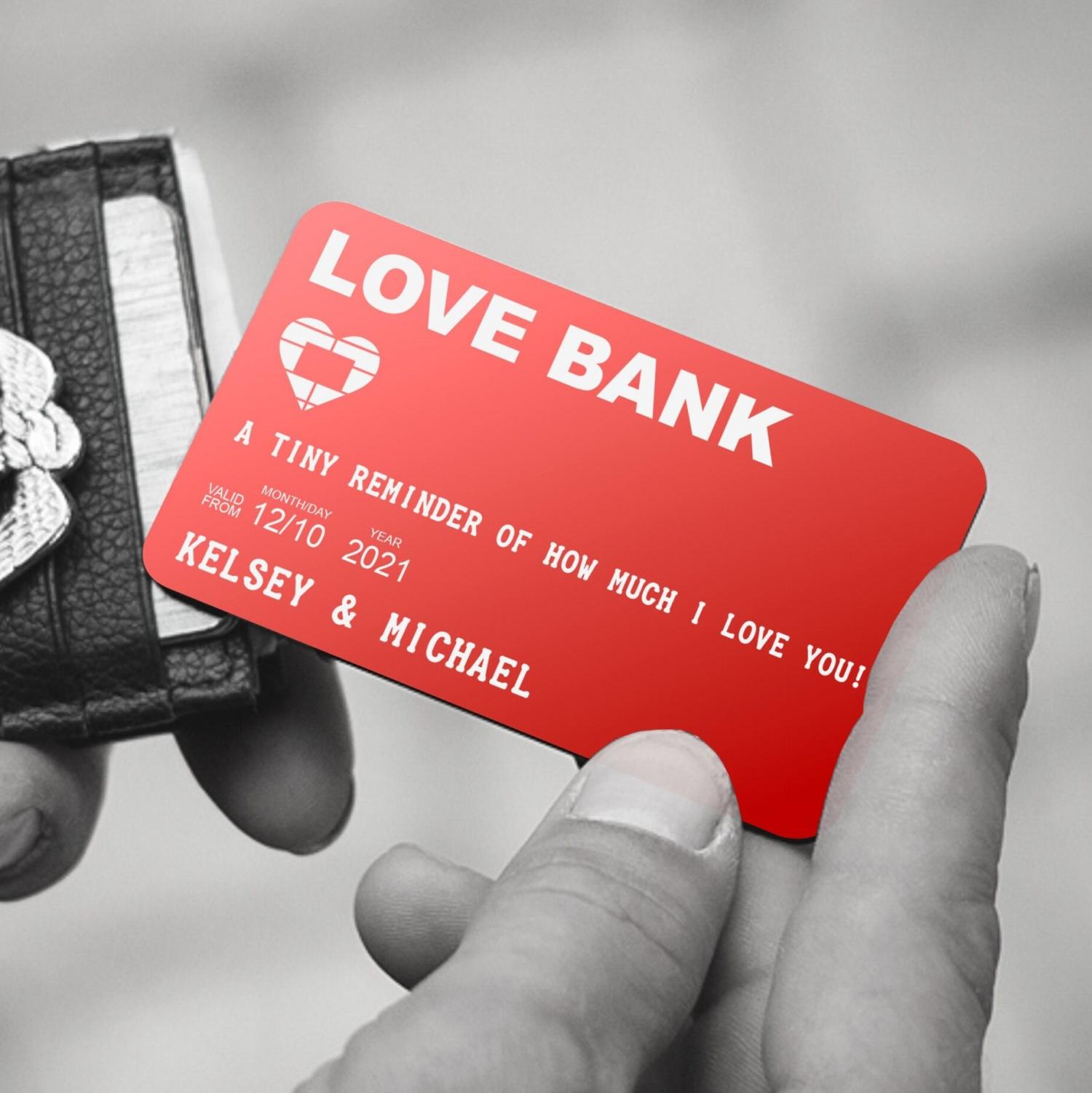 Personalized Love Bank Wallet Card - Engraved Aluminum Anniversary Gift - Christmas Stocking Stuffer for Him or Her