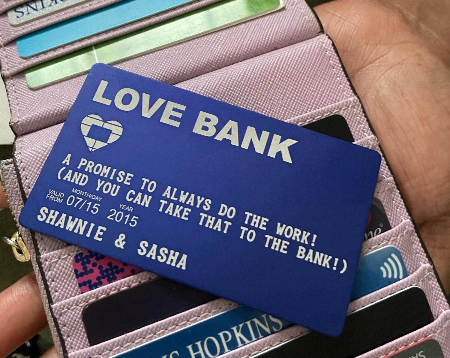 Personalized Love Bank Wallet Card - Engraved Aluminum Anniversary Gift - Christmas Stocking Stuffer for Him or Her