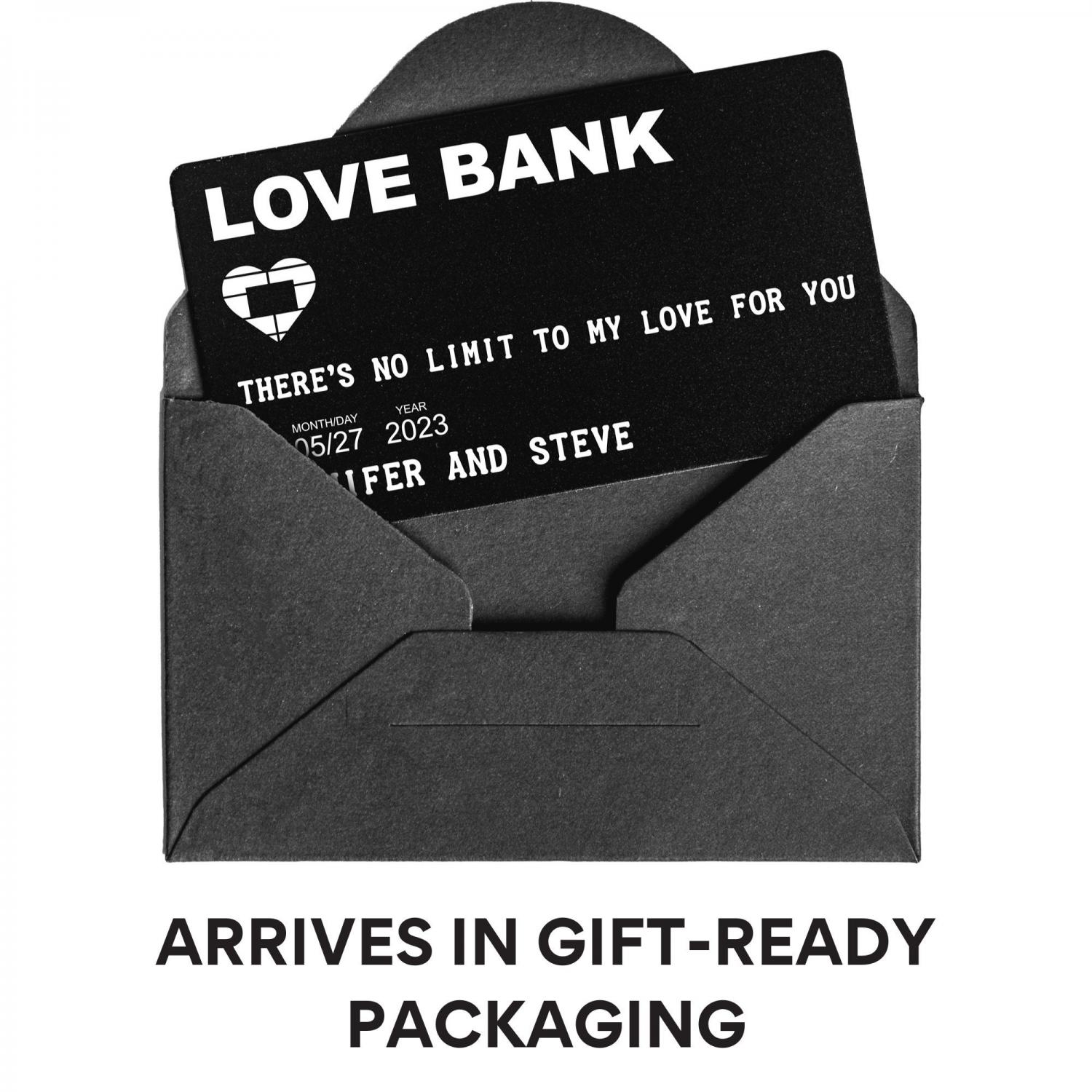 Personalized Love Bank Wallet Card - Engraved Aluminum Anniversary Gift - Christmas Stocking Stuffer for Him or Her