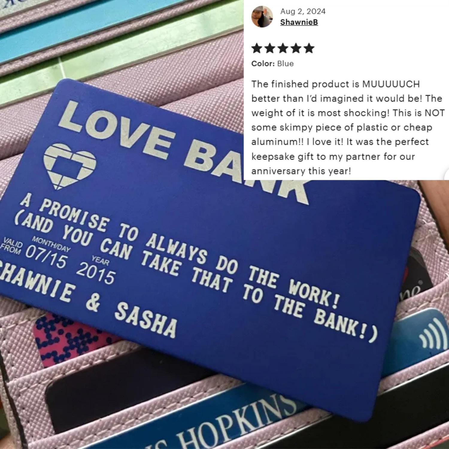 Personalized Love Bank Wallet Card - Engraved Aluminum Anniversary Gift - Christmas Stocking Stuffer for Him or Her