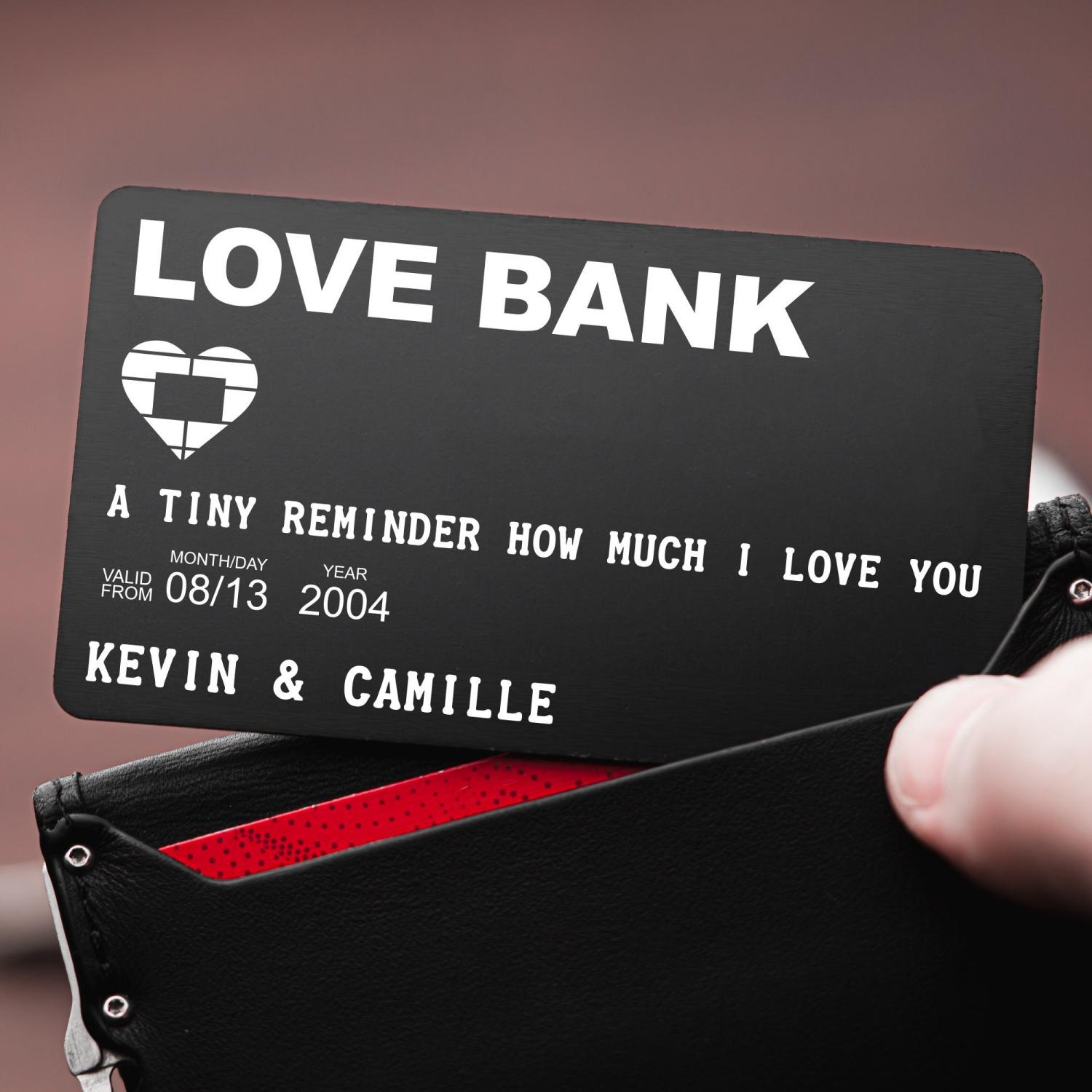 Personalized Love Bank Wallet Card - Engraved Aluminum Anniversary Gift - Christmas Stocking Stuffer for Him or Her