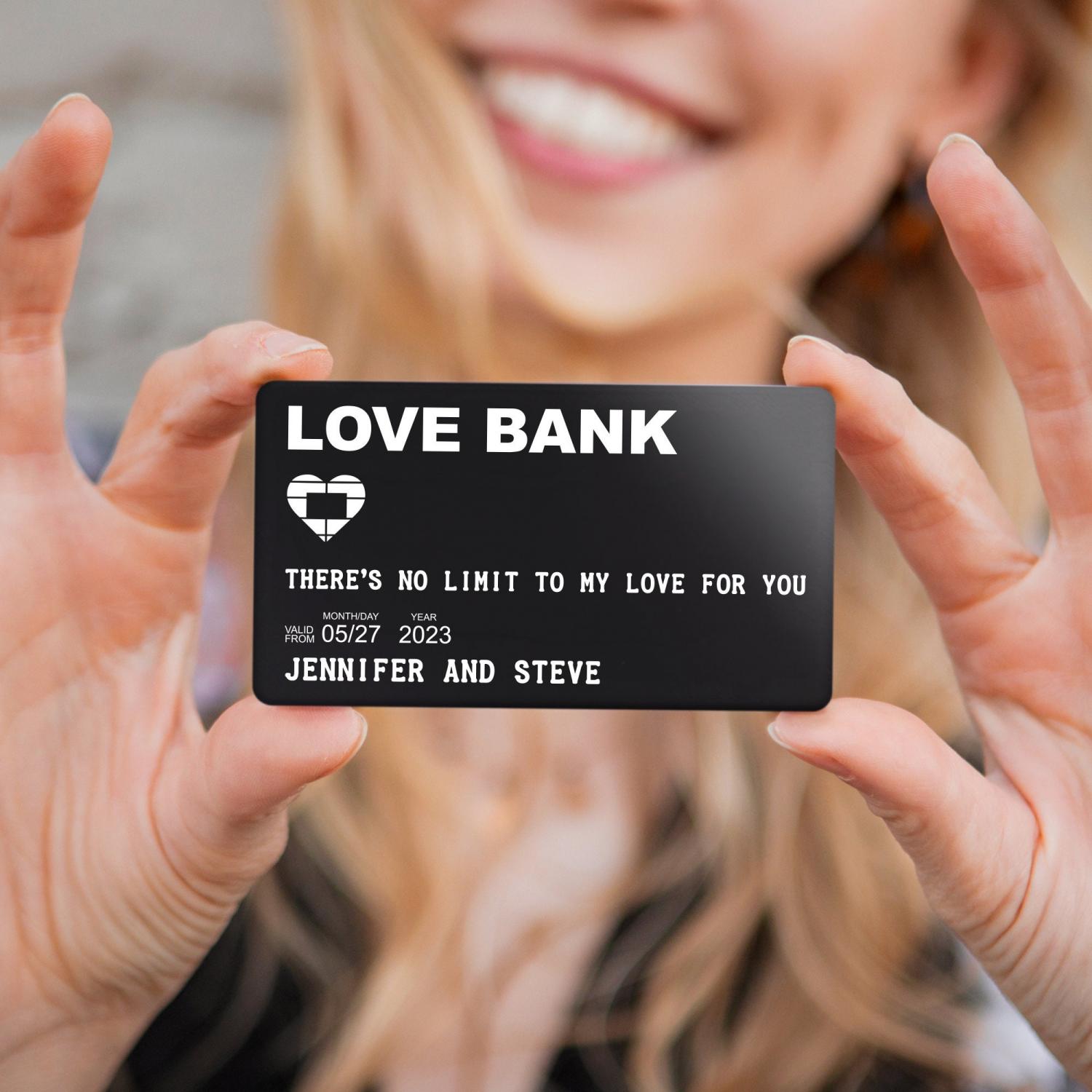Personalized Love Bank Wallet Card - Engraved Aluminum Anniversary Gift - Christmas Stocking Stuffer for Him or Her