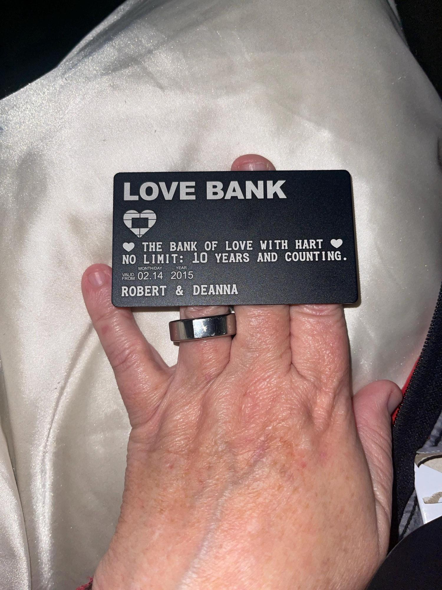 Personalized Love Bank Wallet Card - Engraved Aluminum Anniversary Gift - Christmas Stocking Stuffer for Him or Her