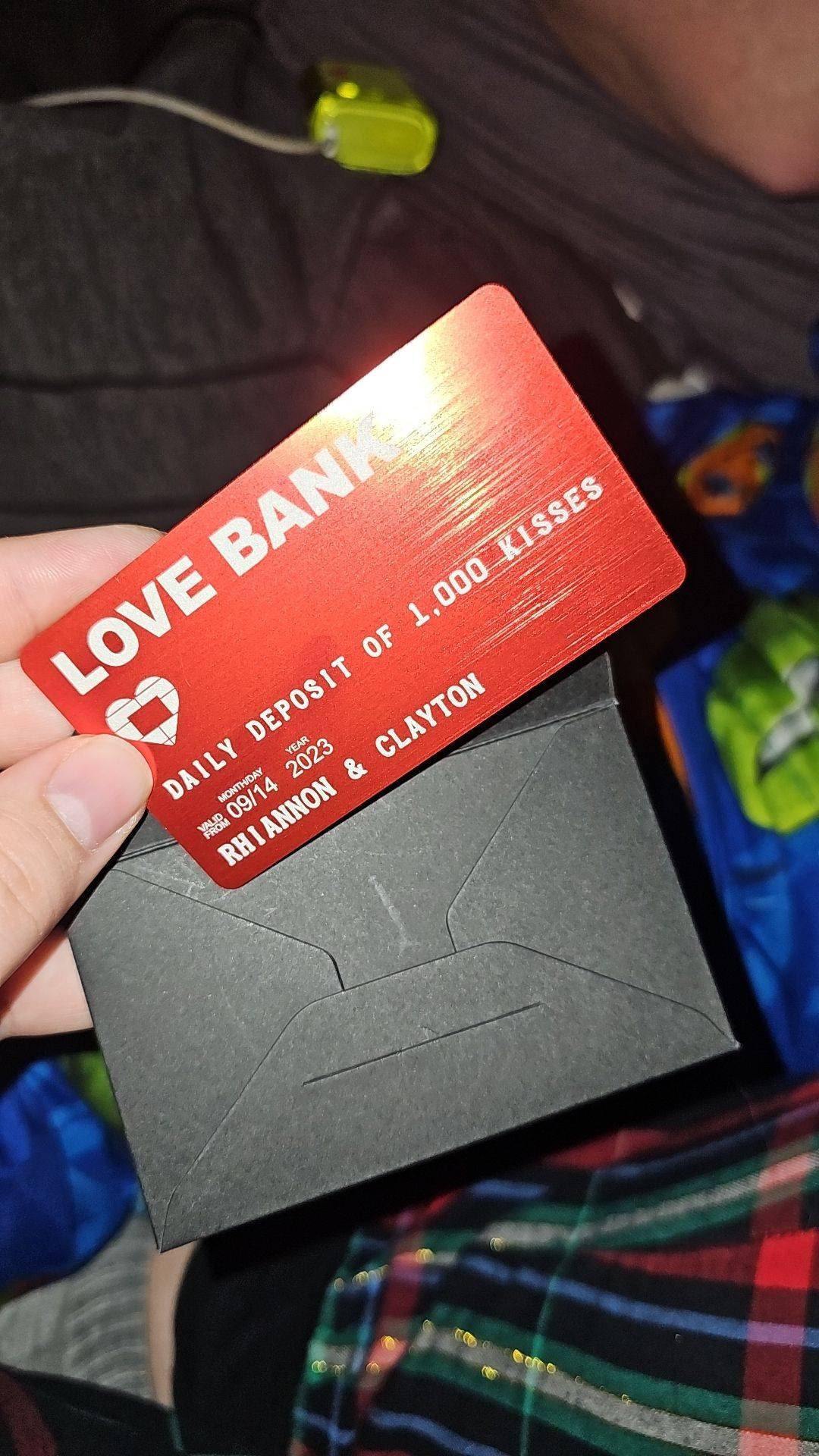 Personalized Love Bank Wallet Card - Engraved Aluminum Anniversary Gift - Christmas Stocking Stuffer for Him or Her