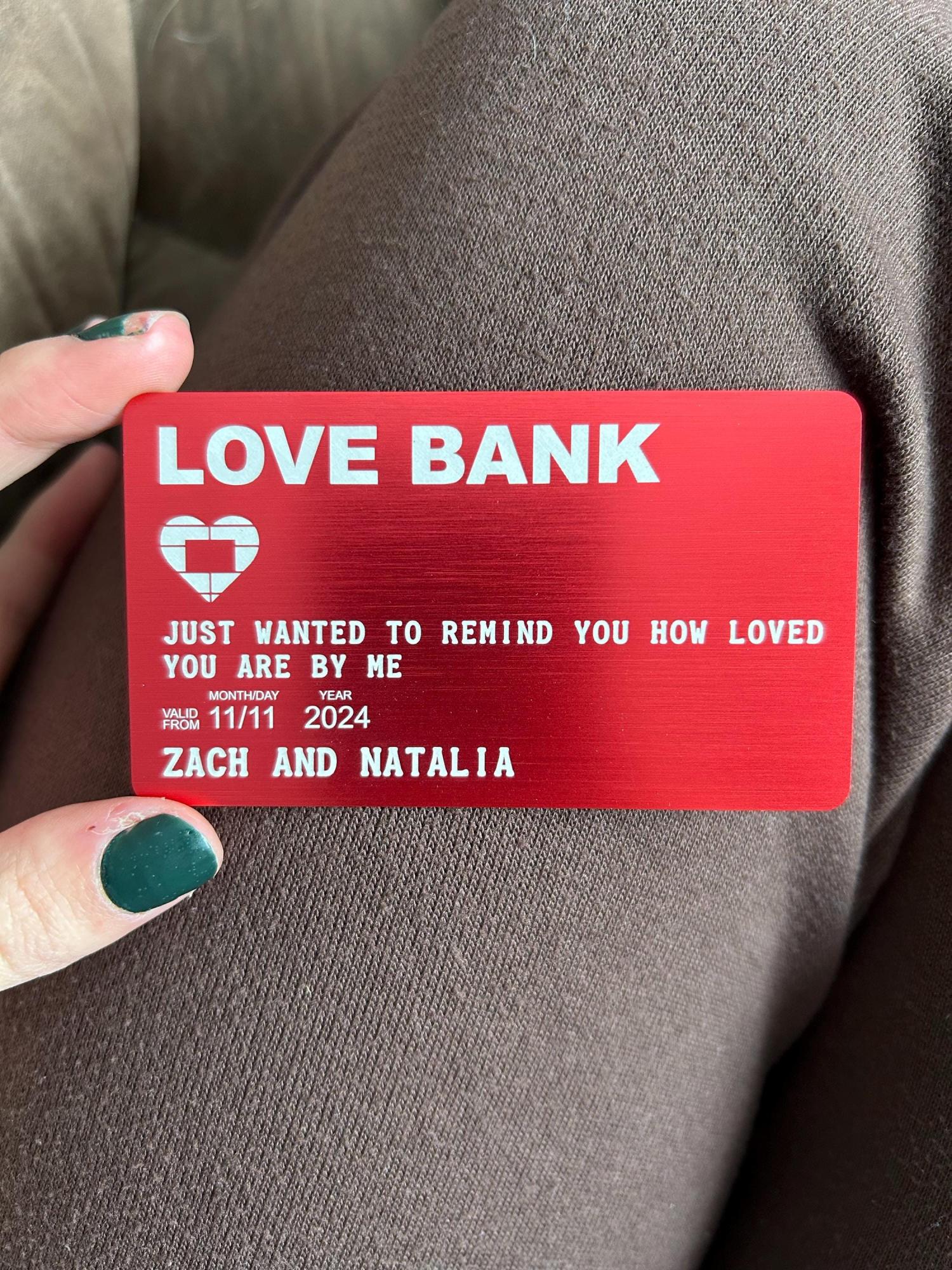 Personalized Love Bank Wallet Card - Engraved Aluminum Anniversary Gift - Christmas Stocking Stuffer for Him or Her