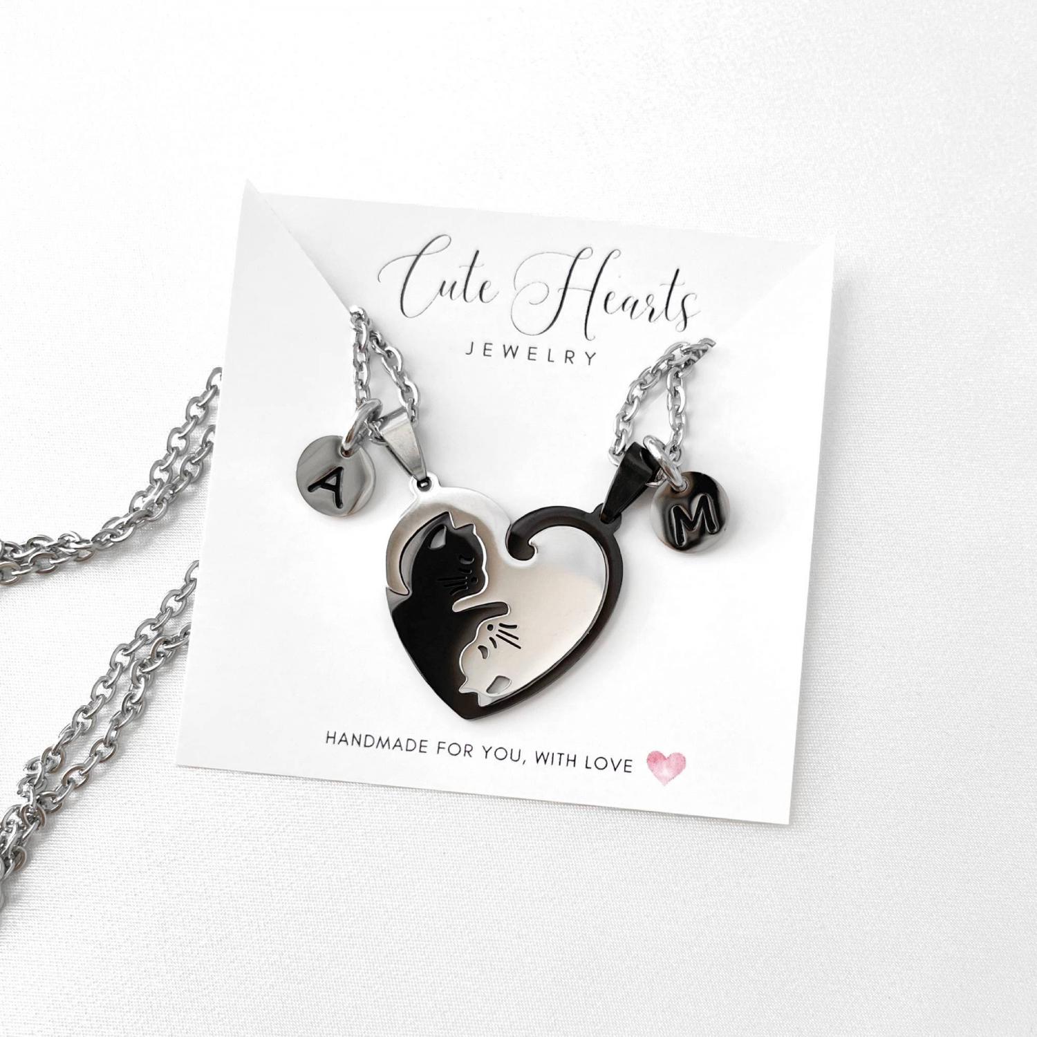 Matching Couples Cat Necklace or Keychain Set, Best Friends, Kitty, Animal Lovers, Kitten, Gift for Boyfriend Girlfriend, Anniversary