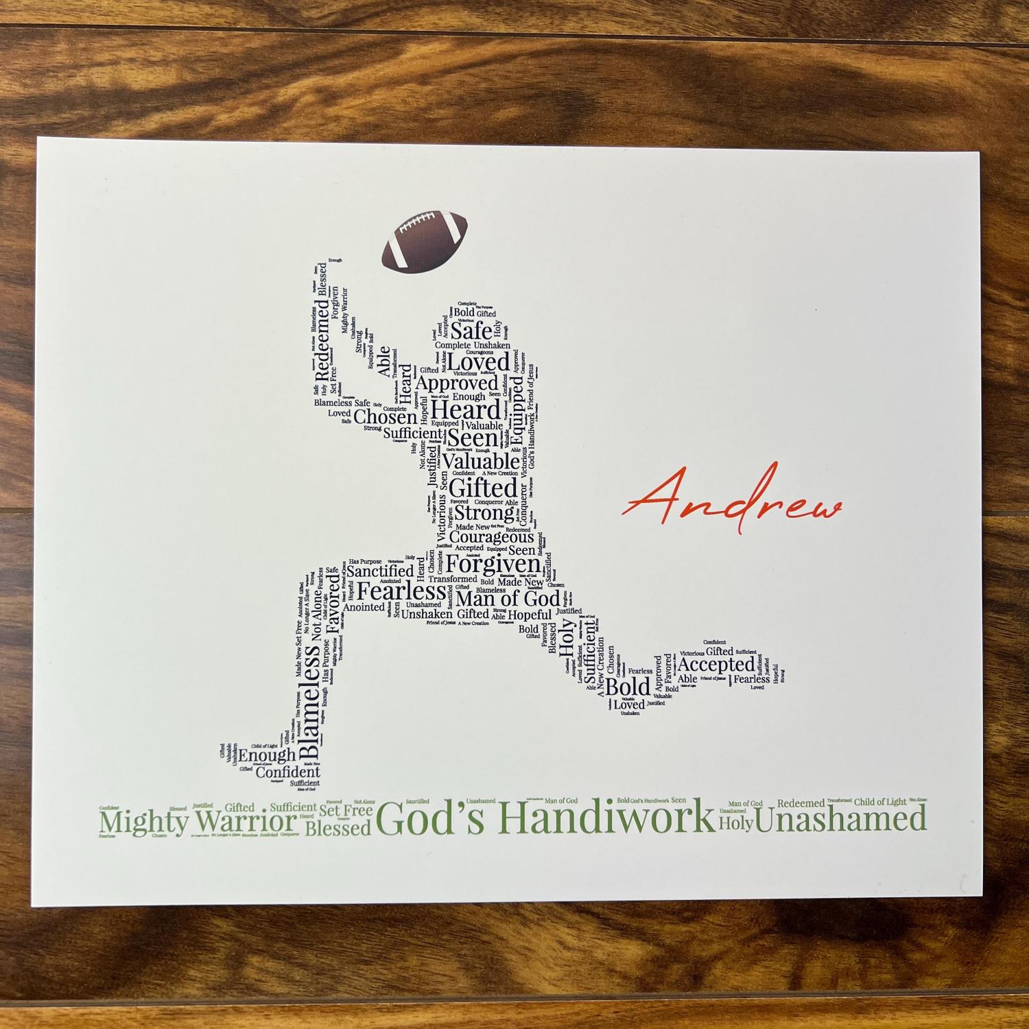 Personalized Football Word Art, Religious Sports Wall Art, Football Player Print, Custom Football Player Gift, Christian Athlete Artwork