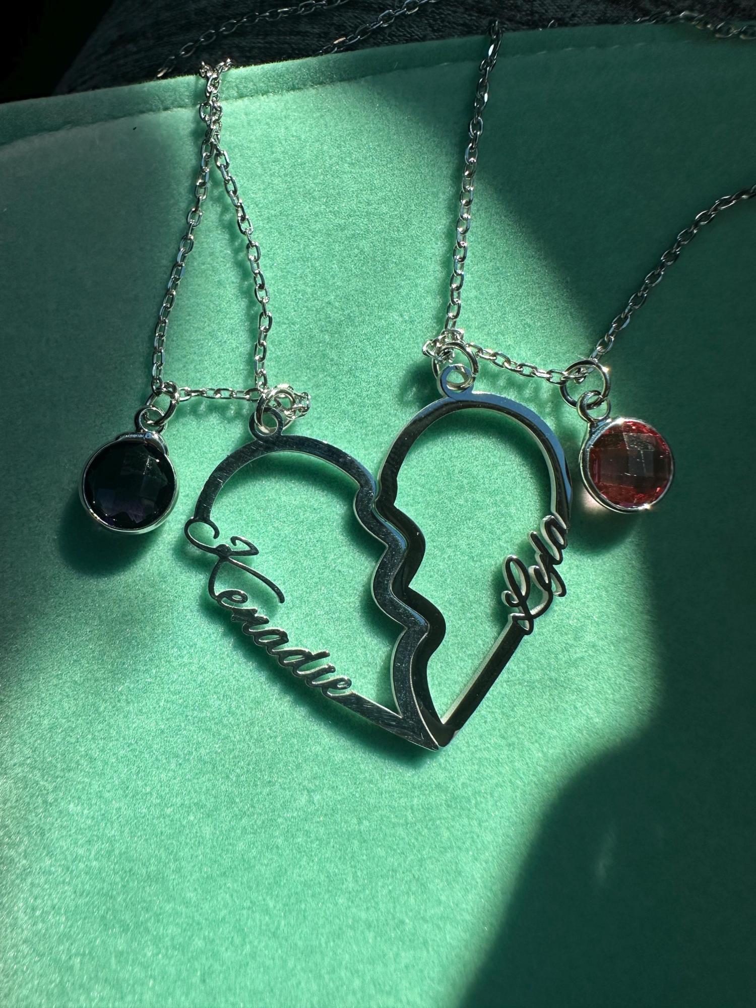 Custom Birthstone Necklace with 2 Names|Heart Charm Necklace for Couple|Personalized BFF Necklace for 2|Puzzle Pendant Friendship Necklace