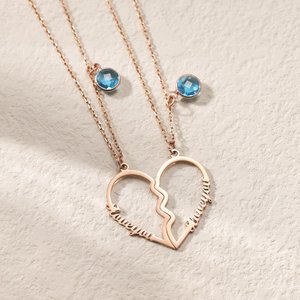 Custom Birthstone Necklace with 2 Names|Heart Charm Necklace for Couple|Personalized BFF Necklace for 2|Puzzle Pendant Friendship Necklace