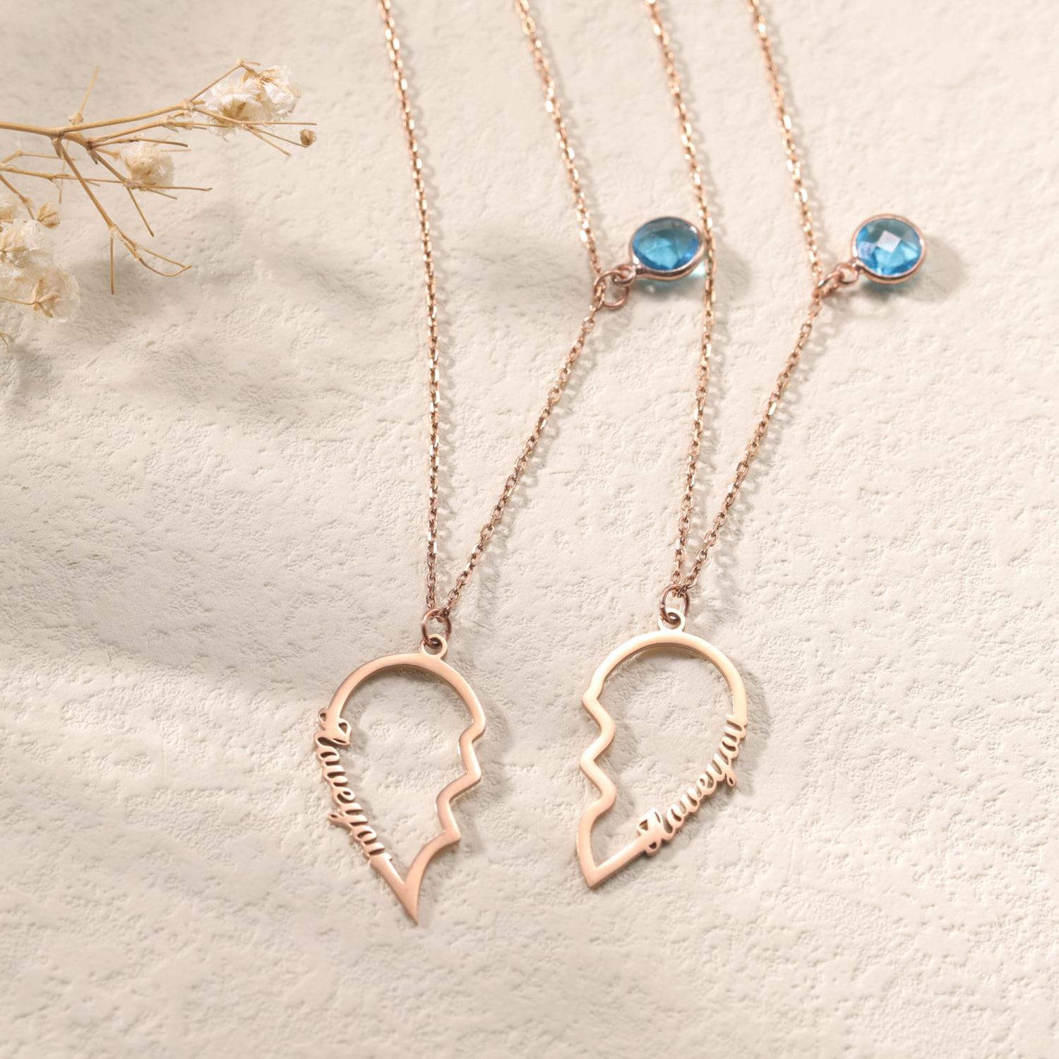 Custom Birthstone Necklace with 2 Names|Heart Charm Necklace for Couple|Personalized BFF Necklace for 2|Puzzle Pendant Friendship Necklace