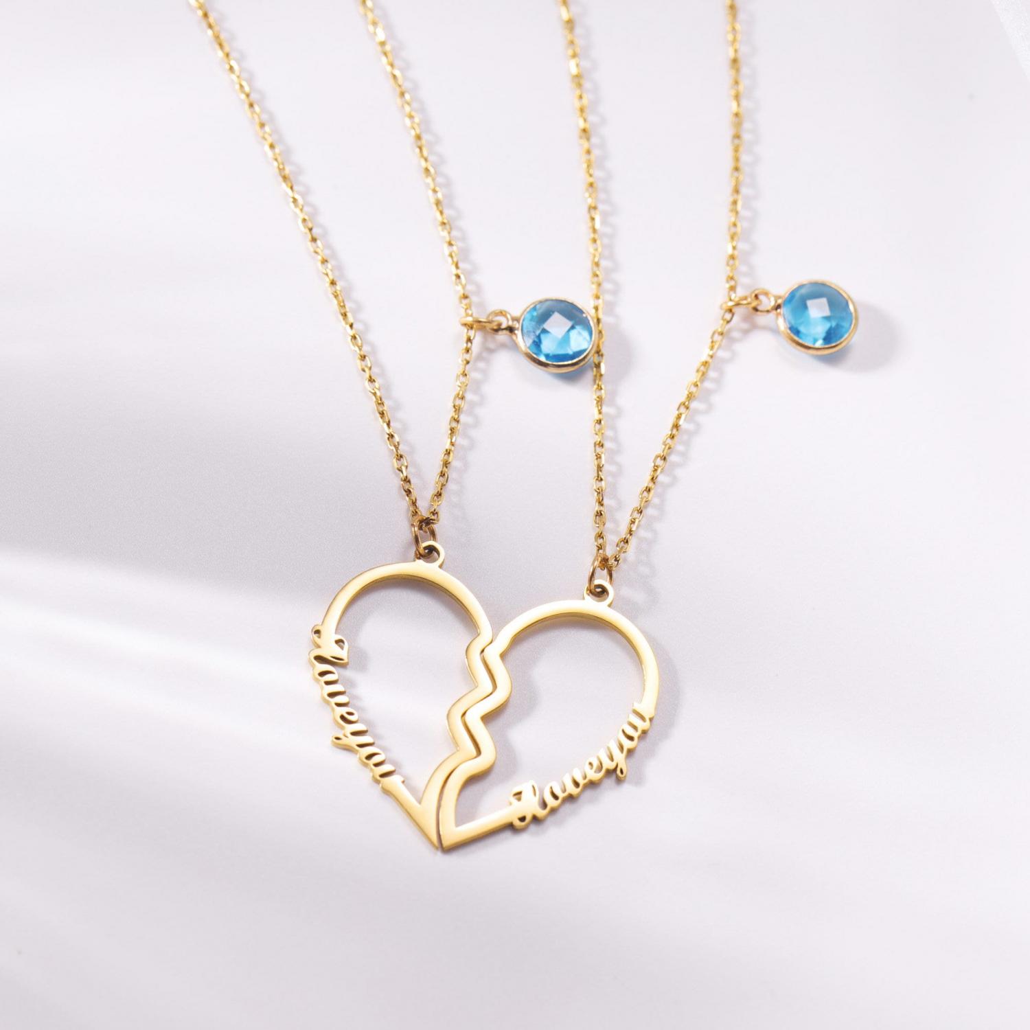 Custom Birthstone Necklace with 2 Names|Heart Charm Necklace for Couple|Personalized BFF Necklace for 2|Puzzle Pendant Friendship Necklace