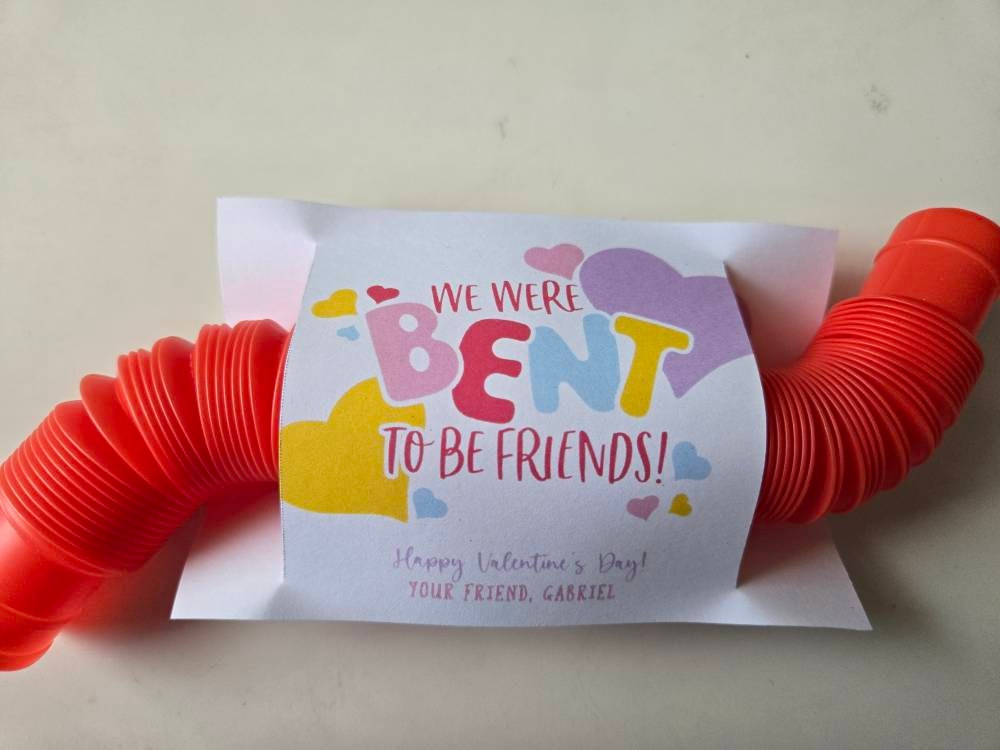 Fidget Pop Tube Valentine Printable, We Were Bent to be Friends, Classroom Kids Valentine Gifts, Personalize with Canva, Non candy, V01