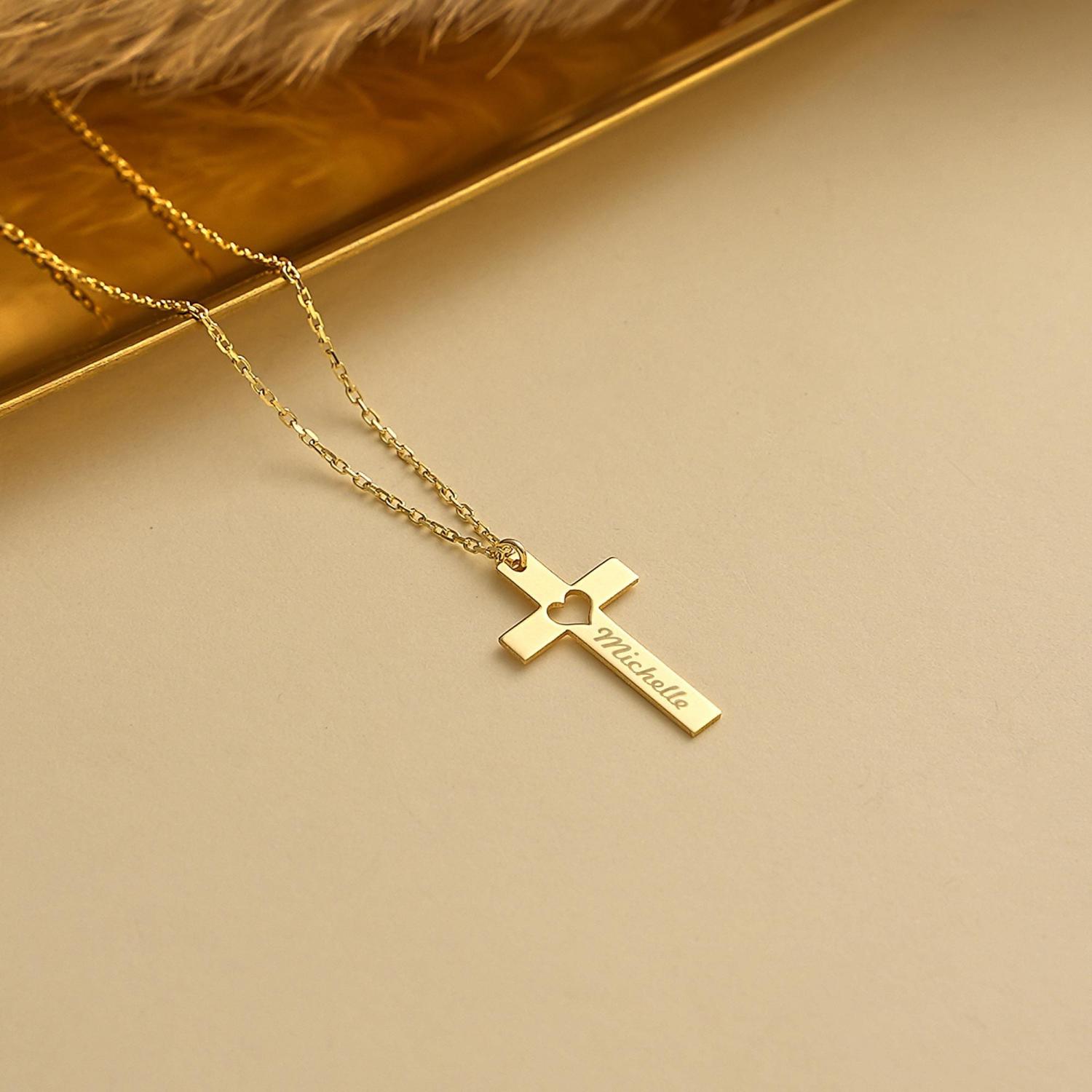 14k Gold Name Engraved Cross Necklace ∙ Dainty Personalized Cross Pendant ∙ Religious Gifts ∙ Easter Gifts ∙ Cross Pendant with Heart