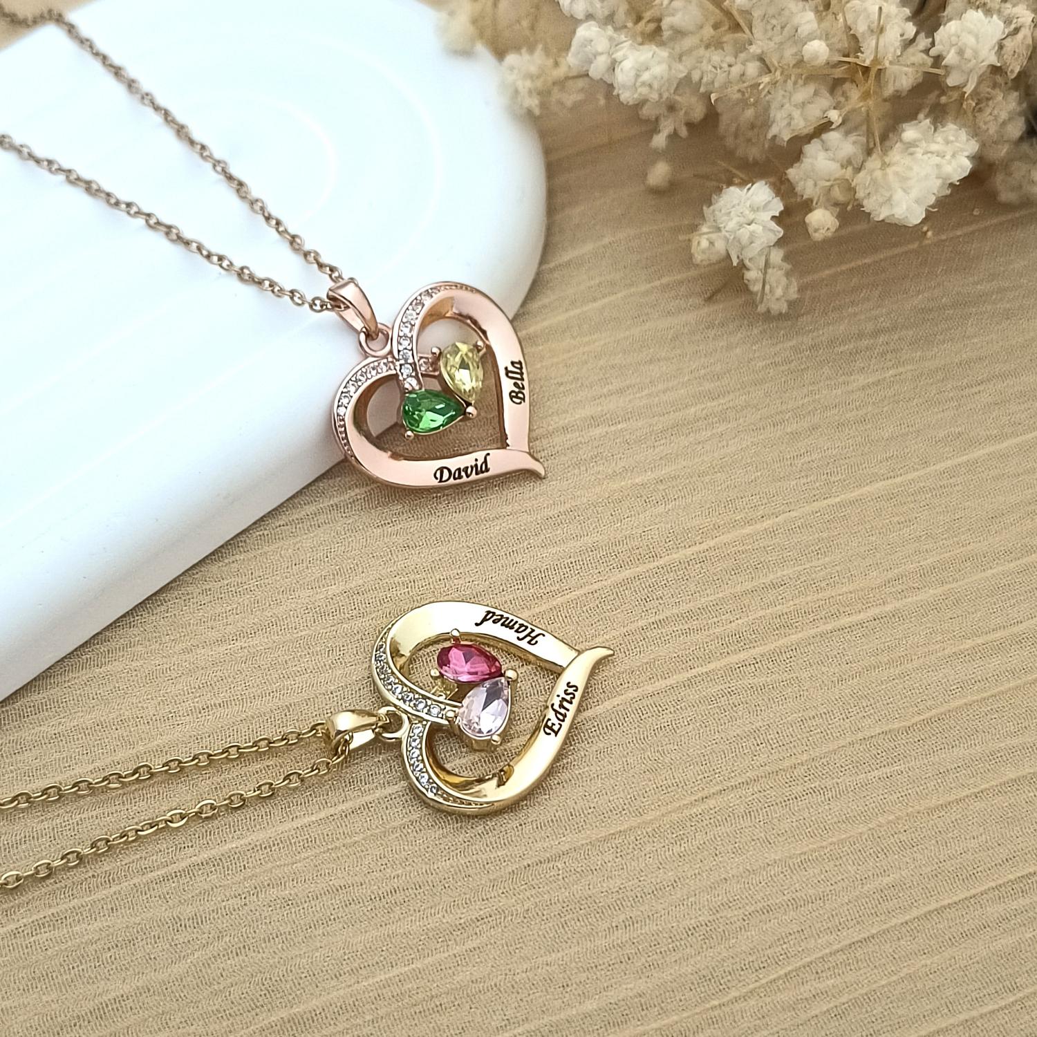 Personalized Birthstone Necklace • Heart Birthstone Necklace • Heart Necklace • Custom Name Necklace • Gifts for Mom • Gifts for Her